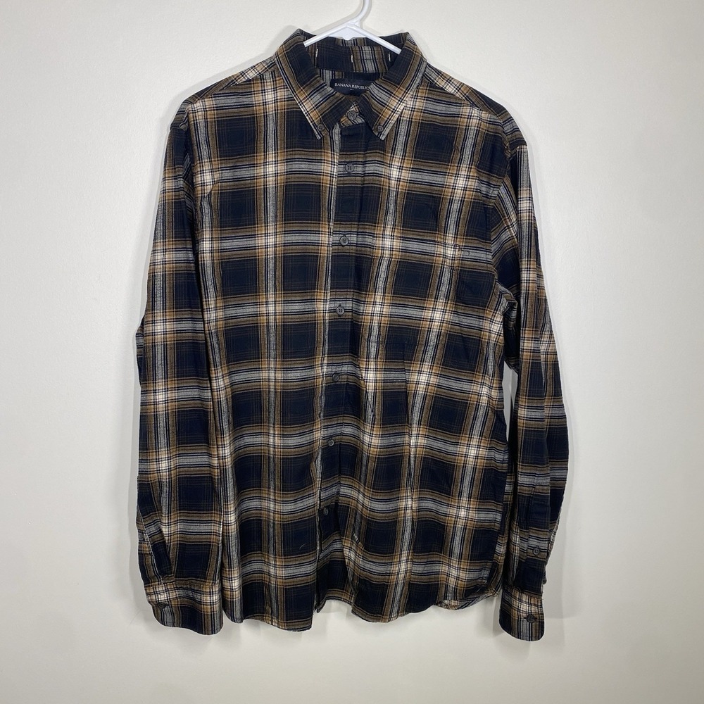 Banana Republic Flannel Shirt Mens Large Plaid Brown Orange Untucked Fit Outdoor
